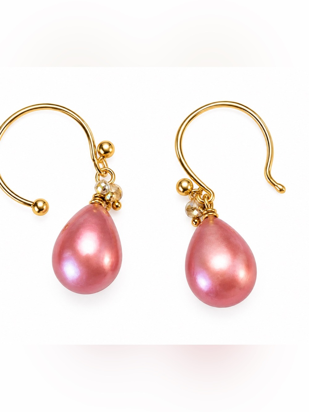 Pink Teardrop Dangle Earrings Gold Tone Iridescent Bead Accent